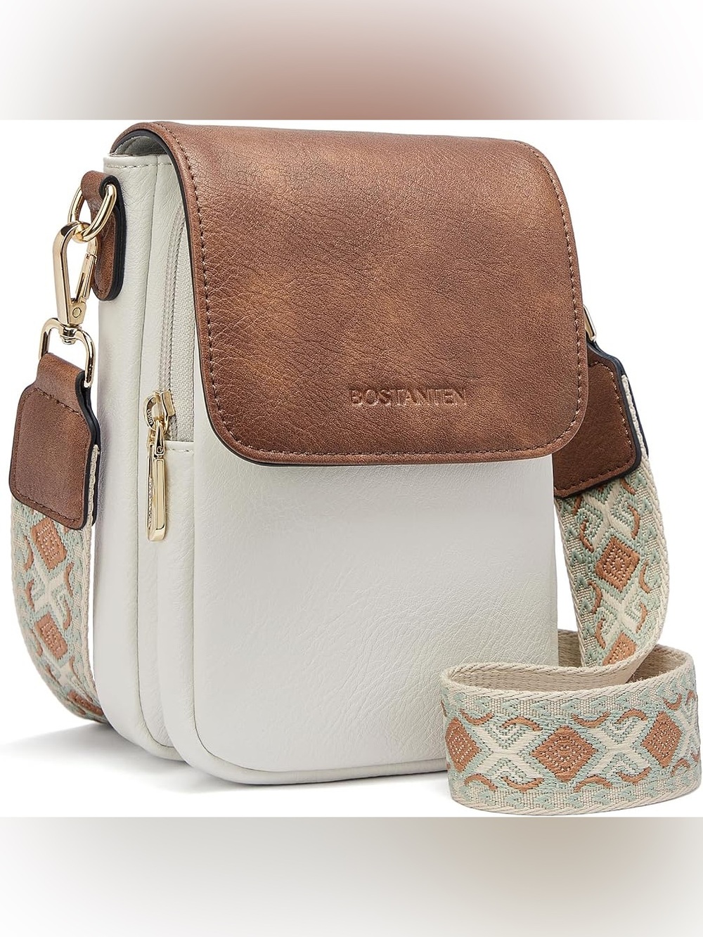 White and Brown Crossbody Bag with Patterned Strap